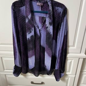 Beautiful purple print Hale Bob semi sheer tie neck blouse size L